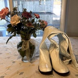 Over the knee white gogo boots with chunky heel